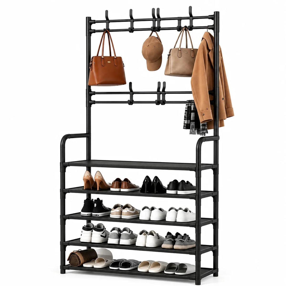 Folding Entryway Shoe Rack With Coat Hooks And Storage Bench Organizer