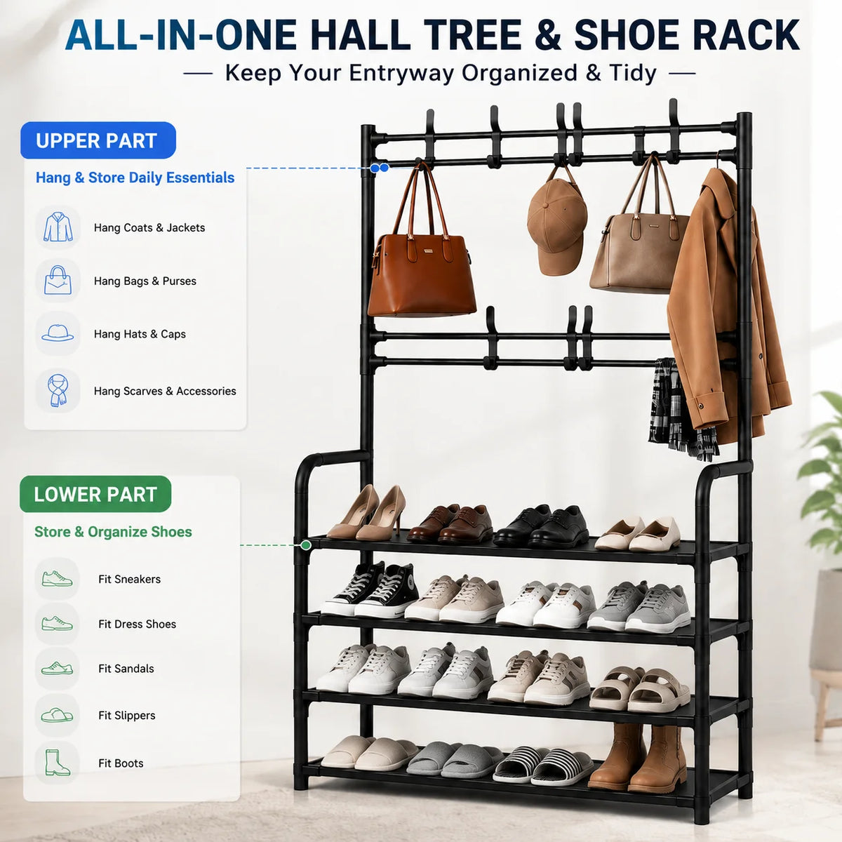 Folding Entryway Shoe Rack With Coat Hooks And Storage Bench Organizer
