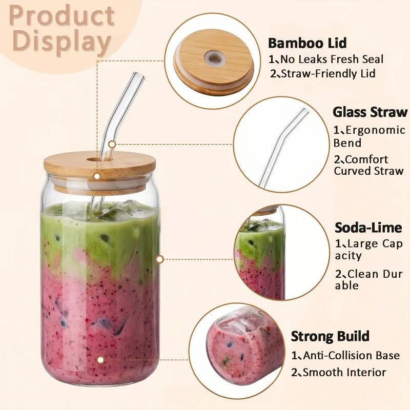 Glass Iced Coffee Cups With Bamboo Lids And Glass Straws