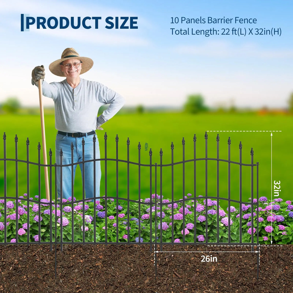 HiMiss Decorative No Dig Metal Garden Fence Panels With Gate