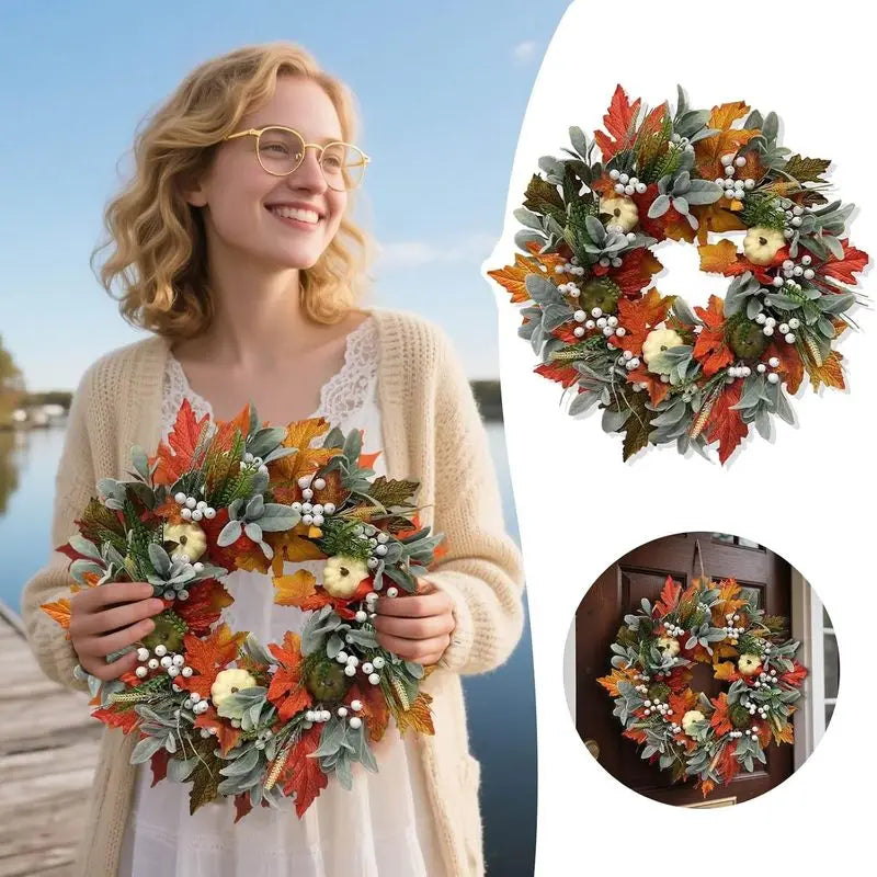 Autumn Wreath With Maple Leaves And Pumpkin Decor For Front Door