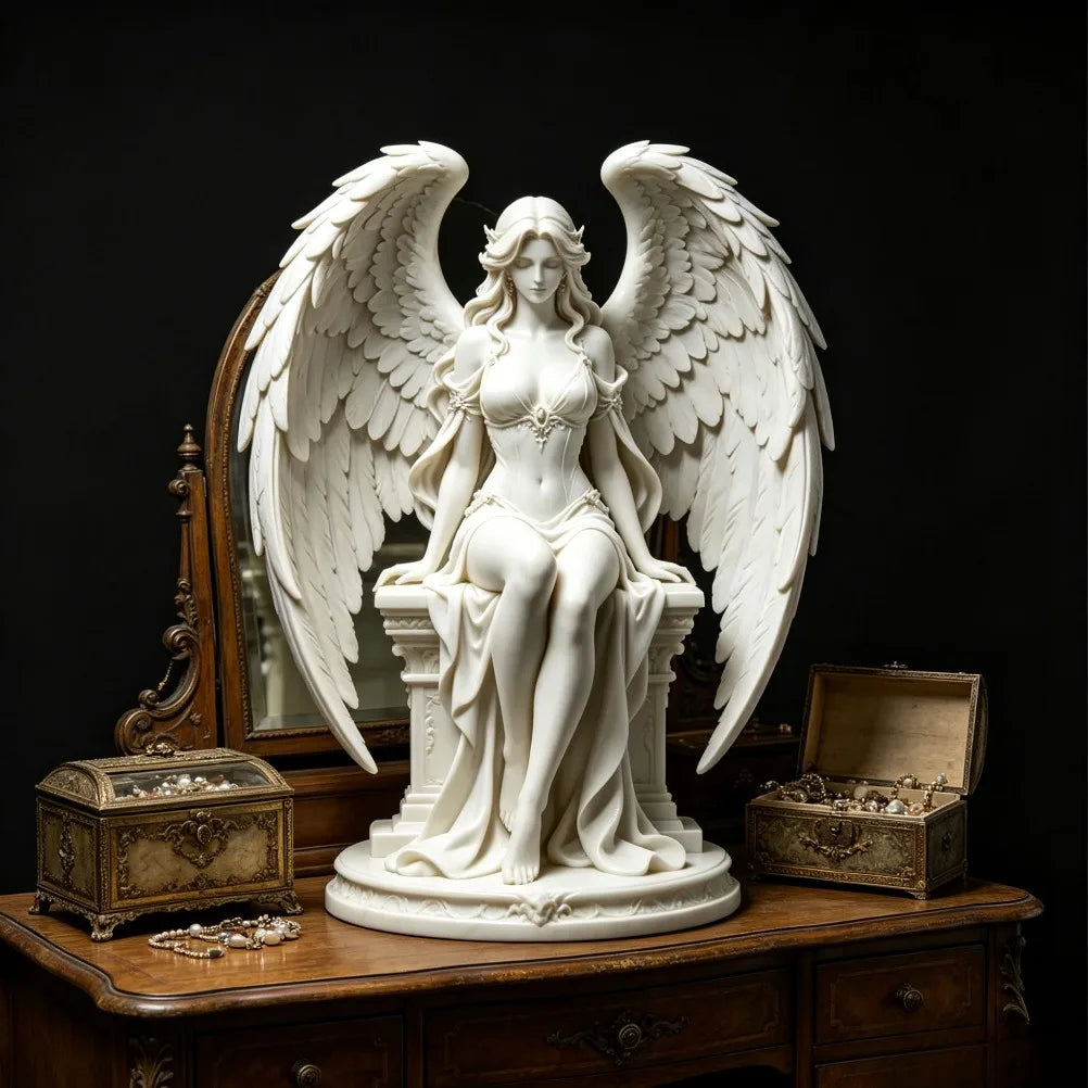 Elegant Resin Angel Sculpture Featuring Layered Feather Wings Decor