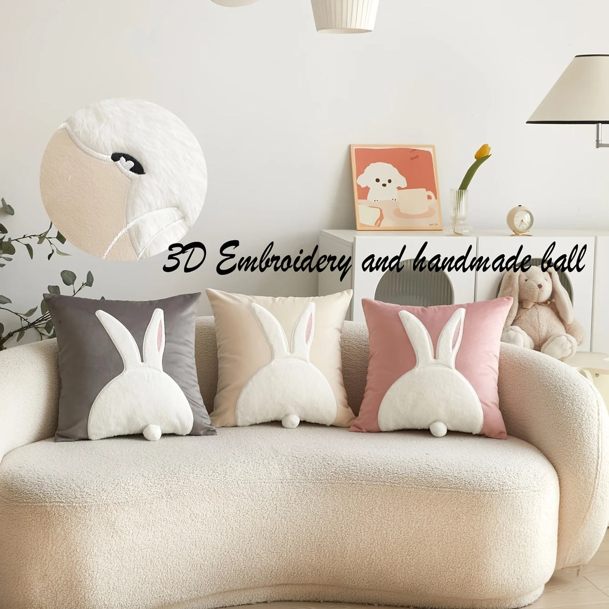 Handmade 3D Embroidered Polyester Cute Rabbit Ball Pillow Cover