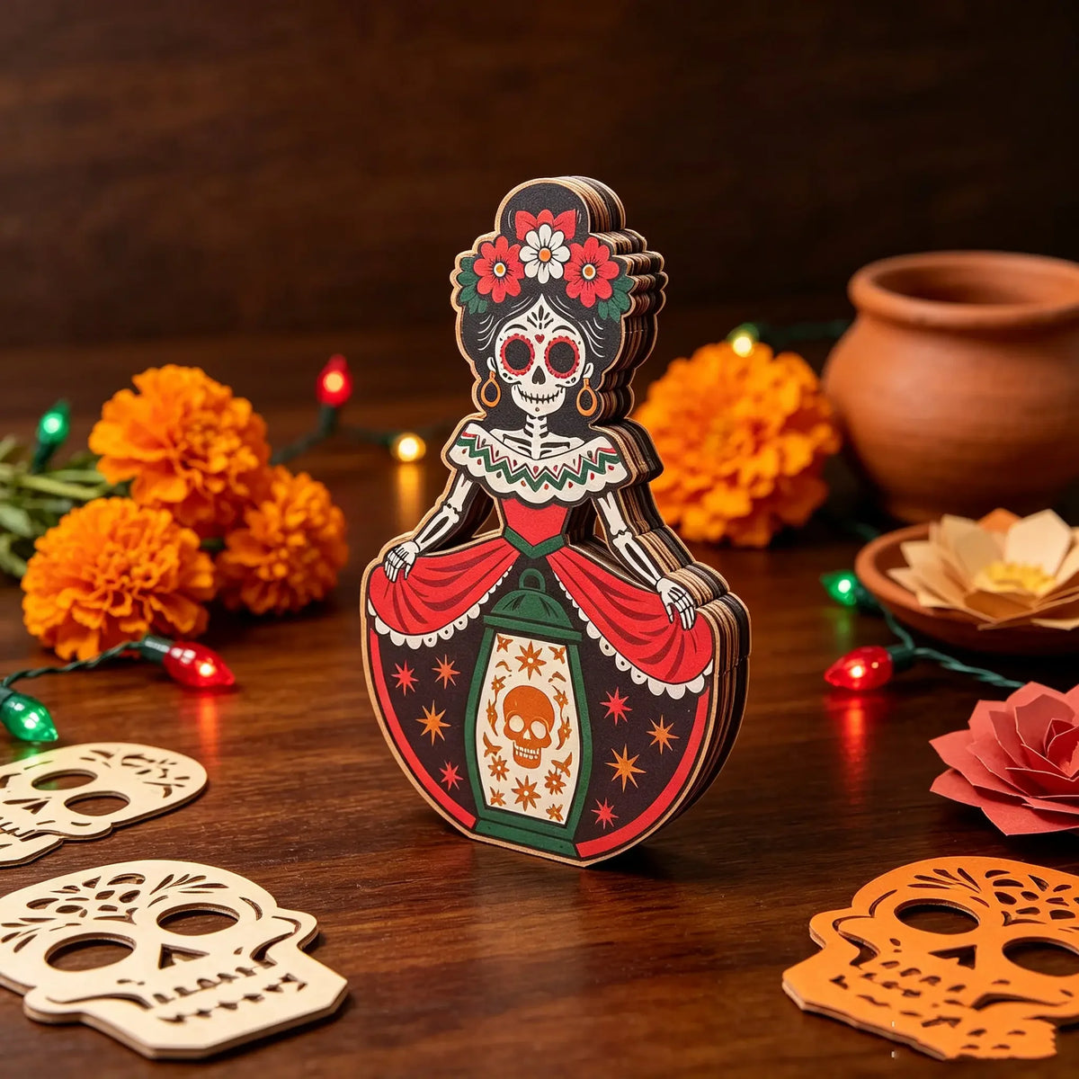Decorative Wooden Day Of The Dead Sugar Skull Desktop Ornament