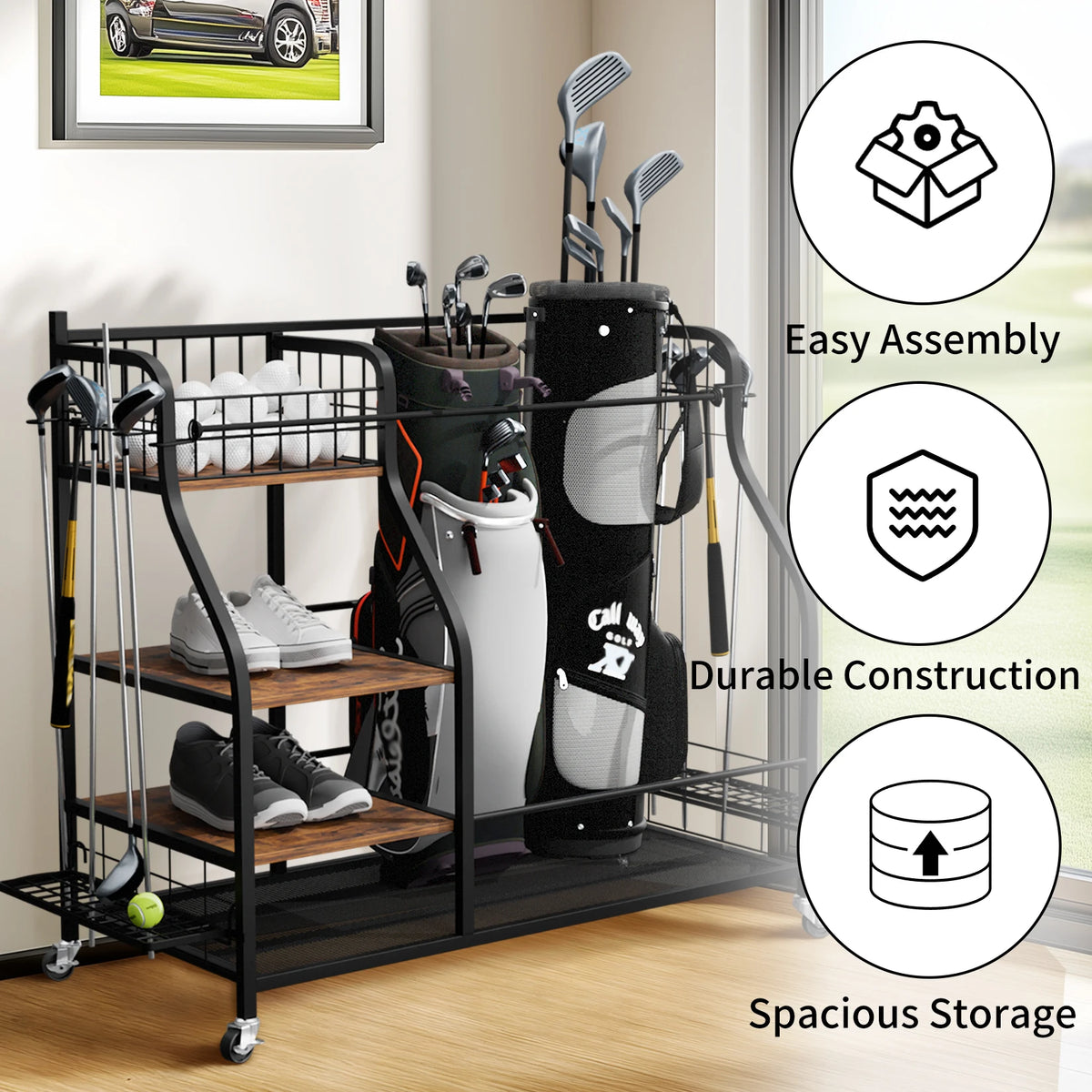 Metal Multifunctional Rolling Golf Bag Storage Rack With Wheels