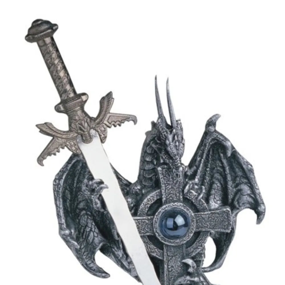 STEALSTREET Fantasy Resin Dragon Statue With Sword And Geode Base