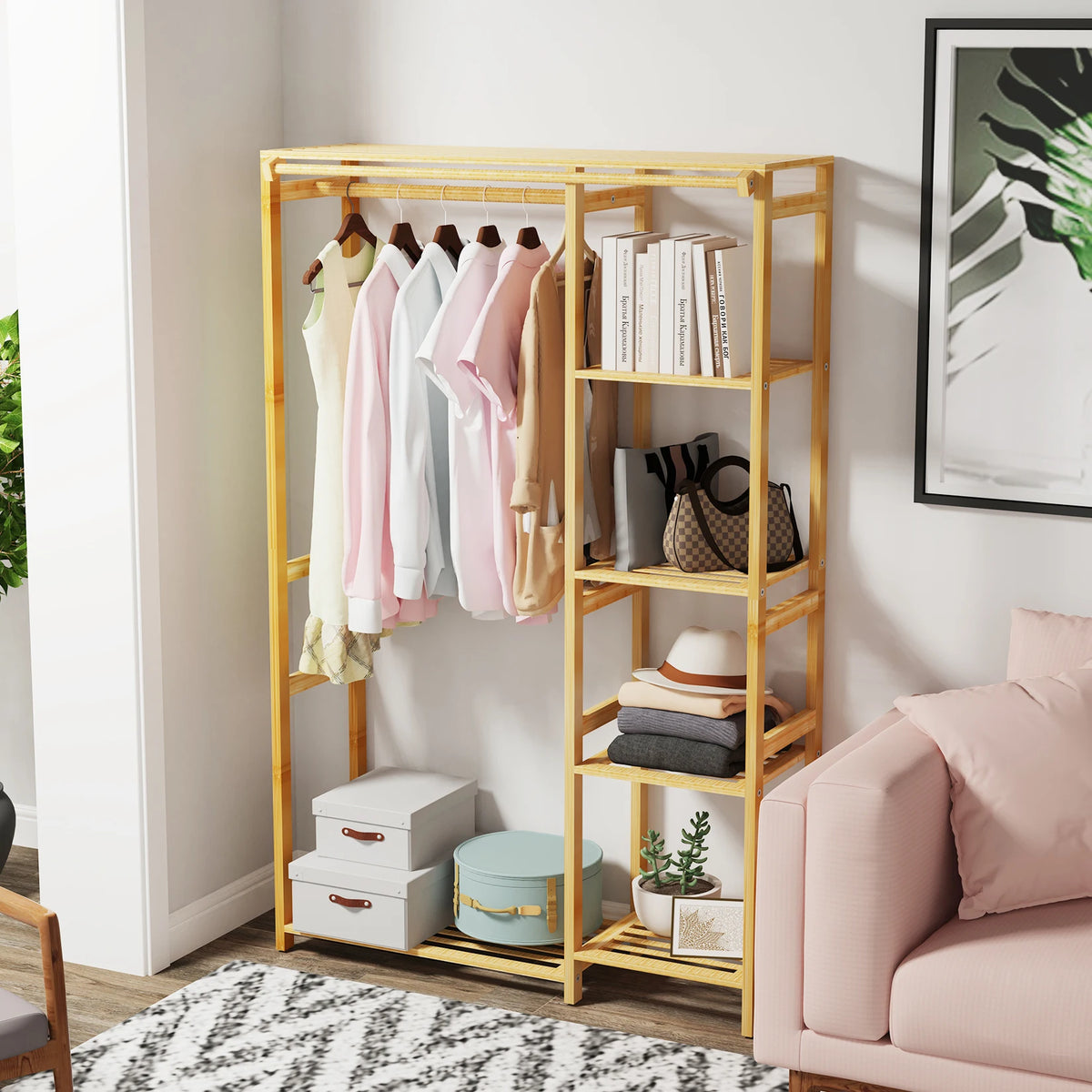 6 Tier Bamboo Garment Rack Open Wardrobe Storage Shelves