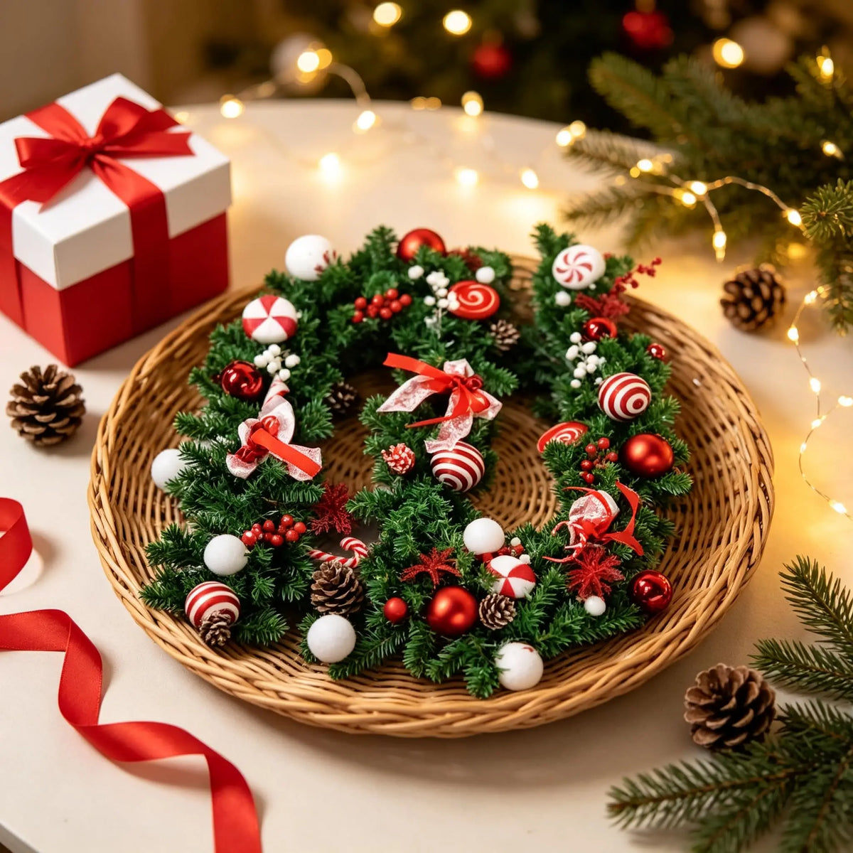 Artificial Pine Christmas Garland With Festive Candy Cane Decorations