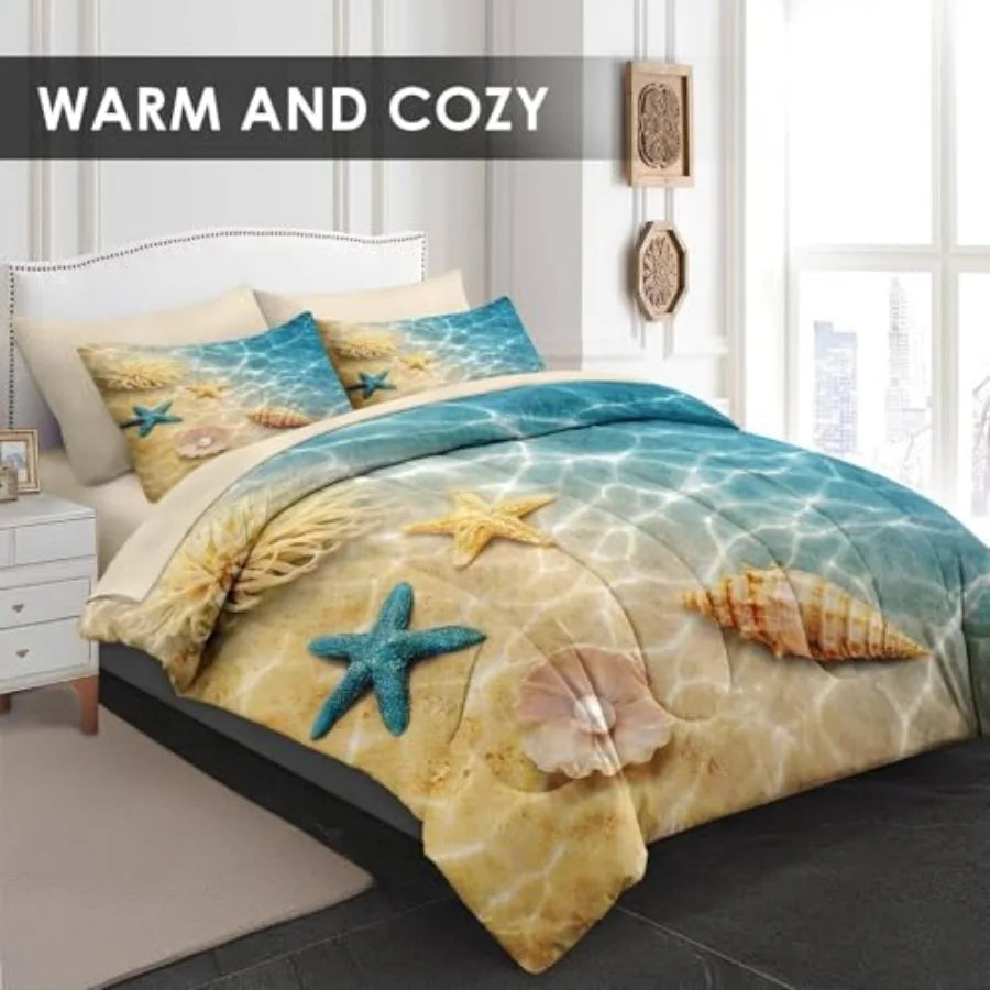 7 Piece Twill Comforter Set Ocean Shell Design Bedding