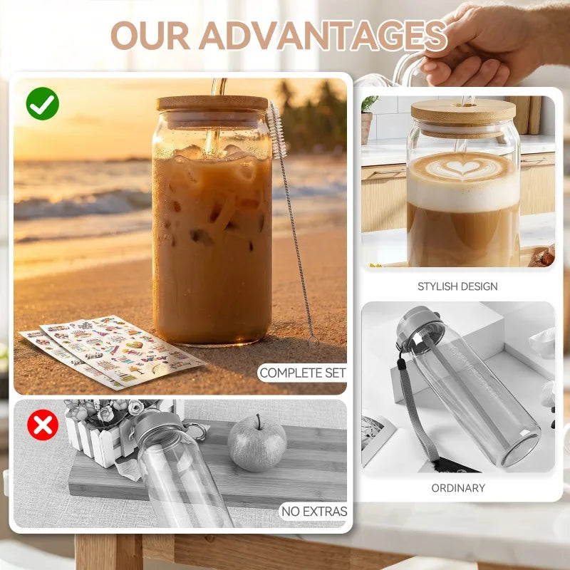 Glass Iced Coffee Cups With Bamboo Lids And Glass Straws
