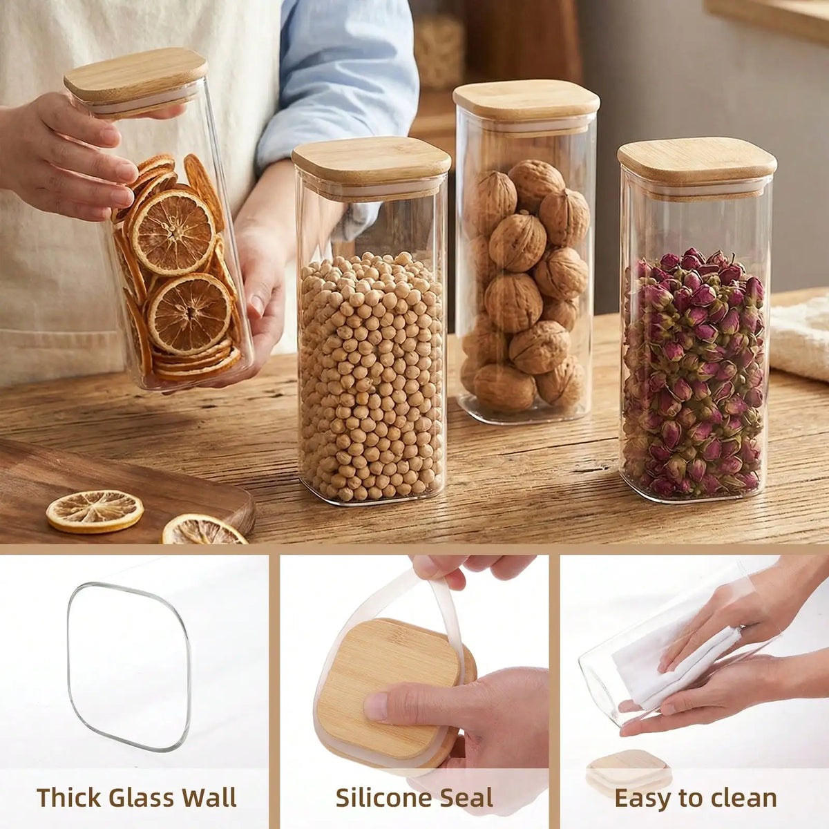 Airtight Glass Food Storage Containers Bamboo Lid Kitchen Pantry