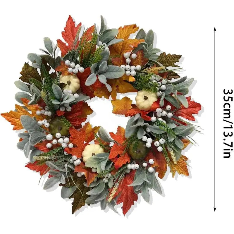 Autumn Wreath With Maple Leaves And Pumpkin Decor For Front Door