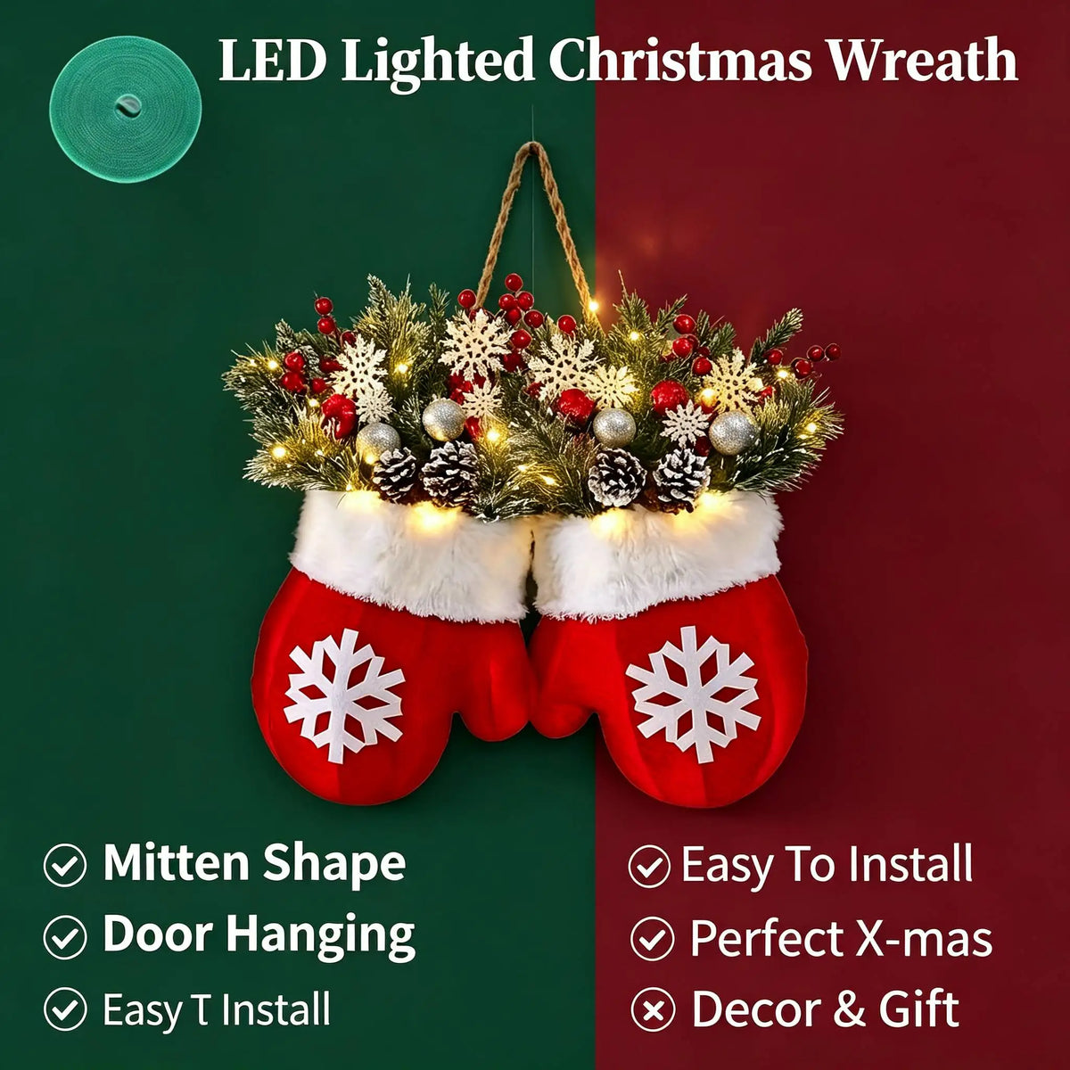 LED Twinkling Mitten Christmas Wreath with Artificial Pine and Berries