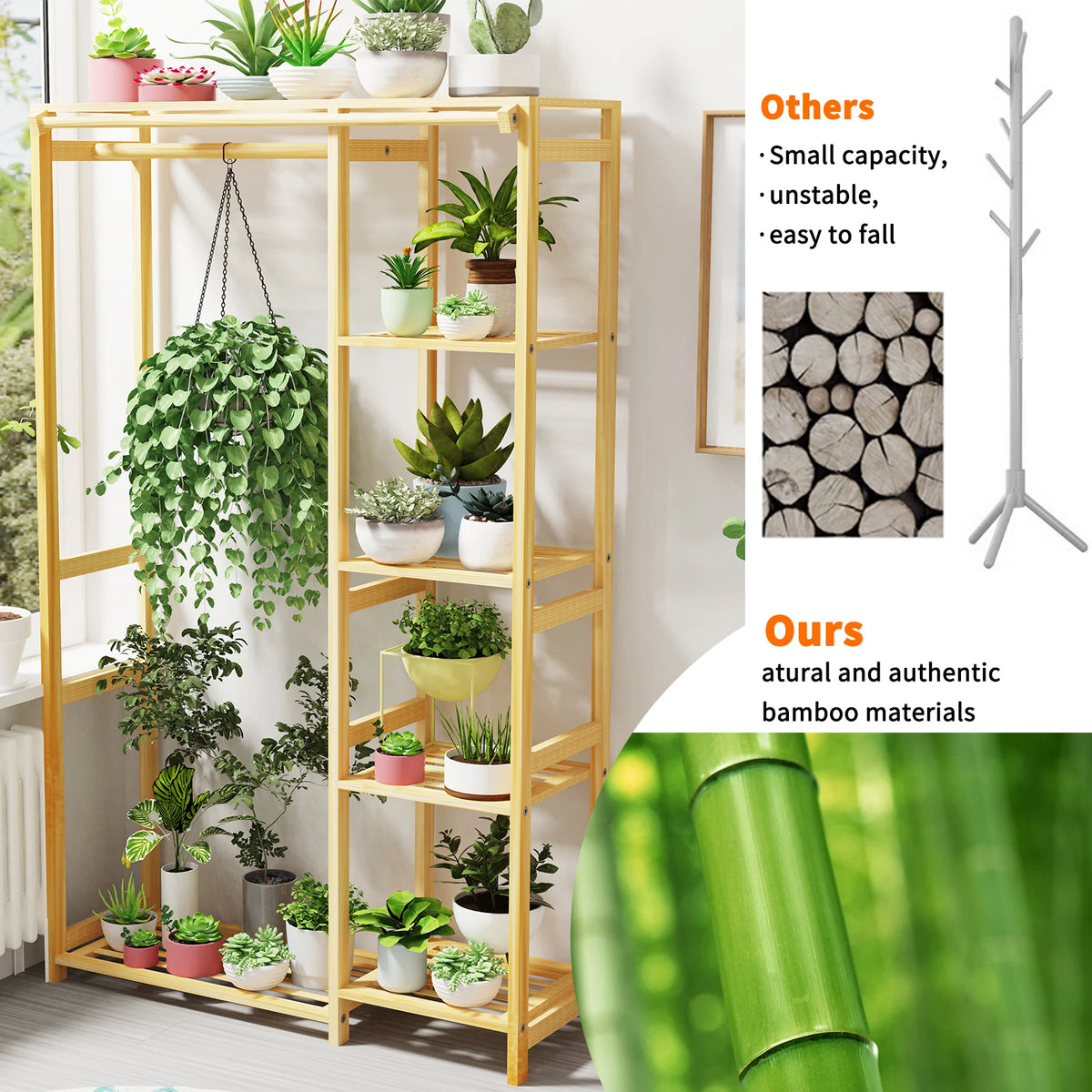 Bamboo Wardrobe Closet Stand With Storage Shelves For Clothes