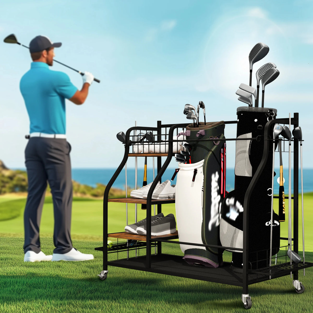 Metal Multifunctional Rolling Golf Bag Storage Rack With Wheels