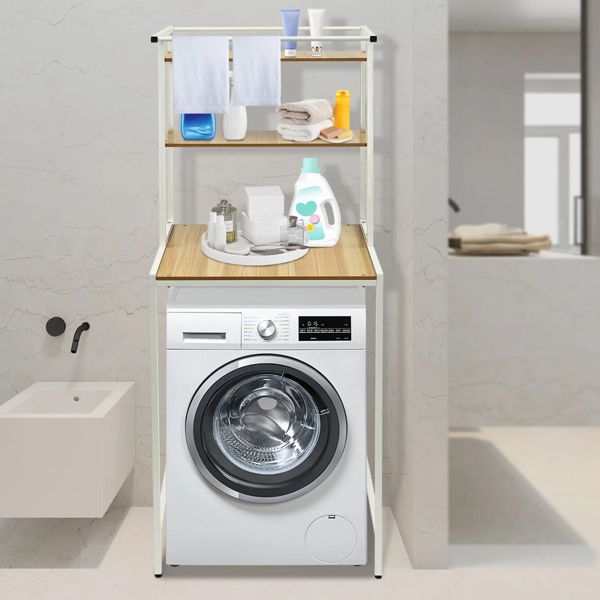Triple Tier Washer Dryer Storage Shelf With Hanging Rod