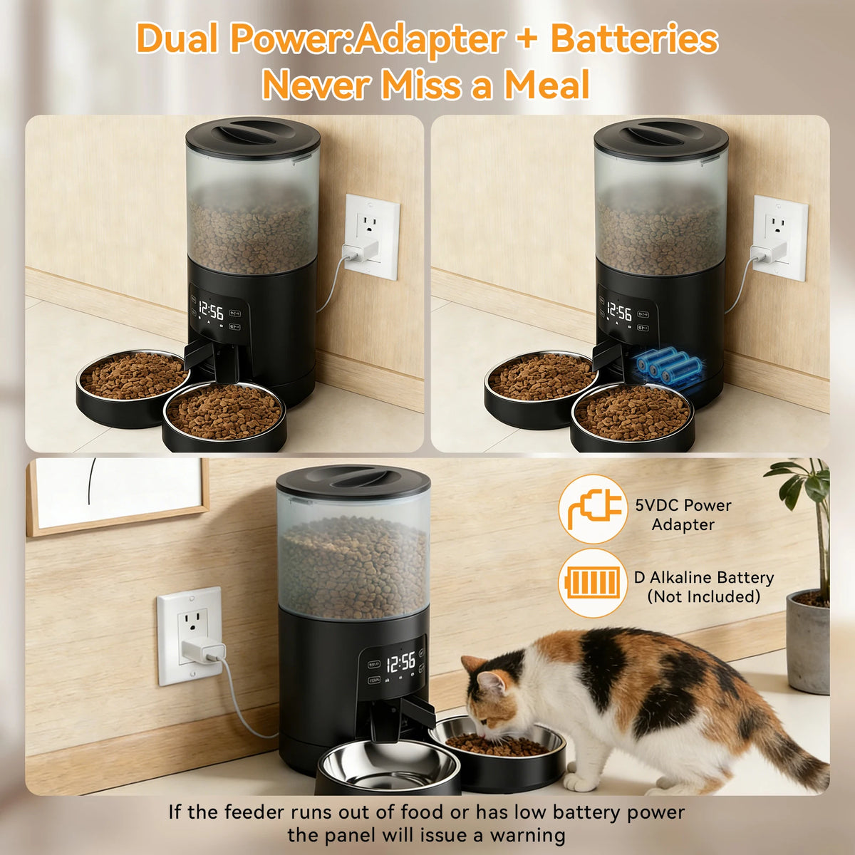 Automatic Cat Feeder Dual Stainless Steel Bowls Timed Dispenser