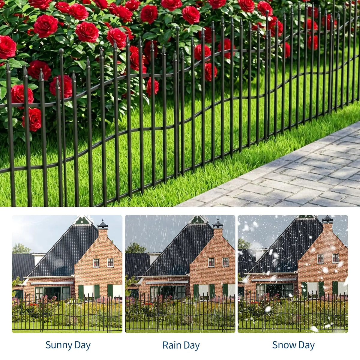 HiMiss Decorative No Dig Metal Garden Fence Panels With Gate