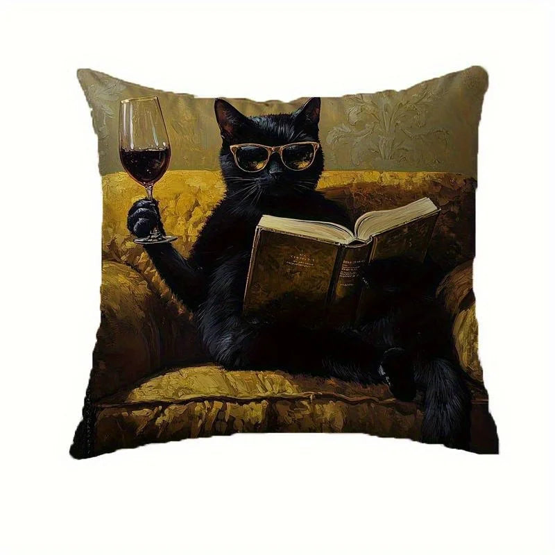 Soft Polyester Cat With Wine Book Design Throw Pillow Cover