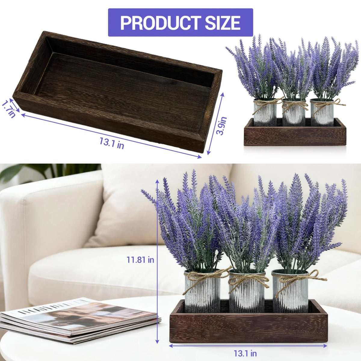 HiMISS Faux Lavender Centerpiece With Wooden Tray And Pot