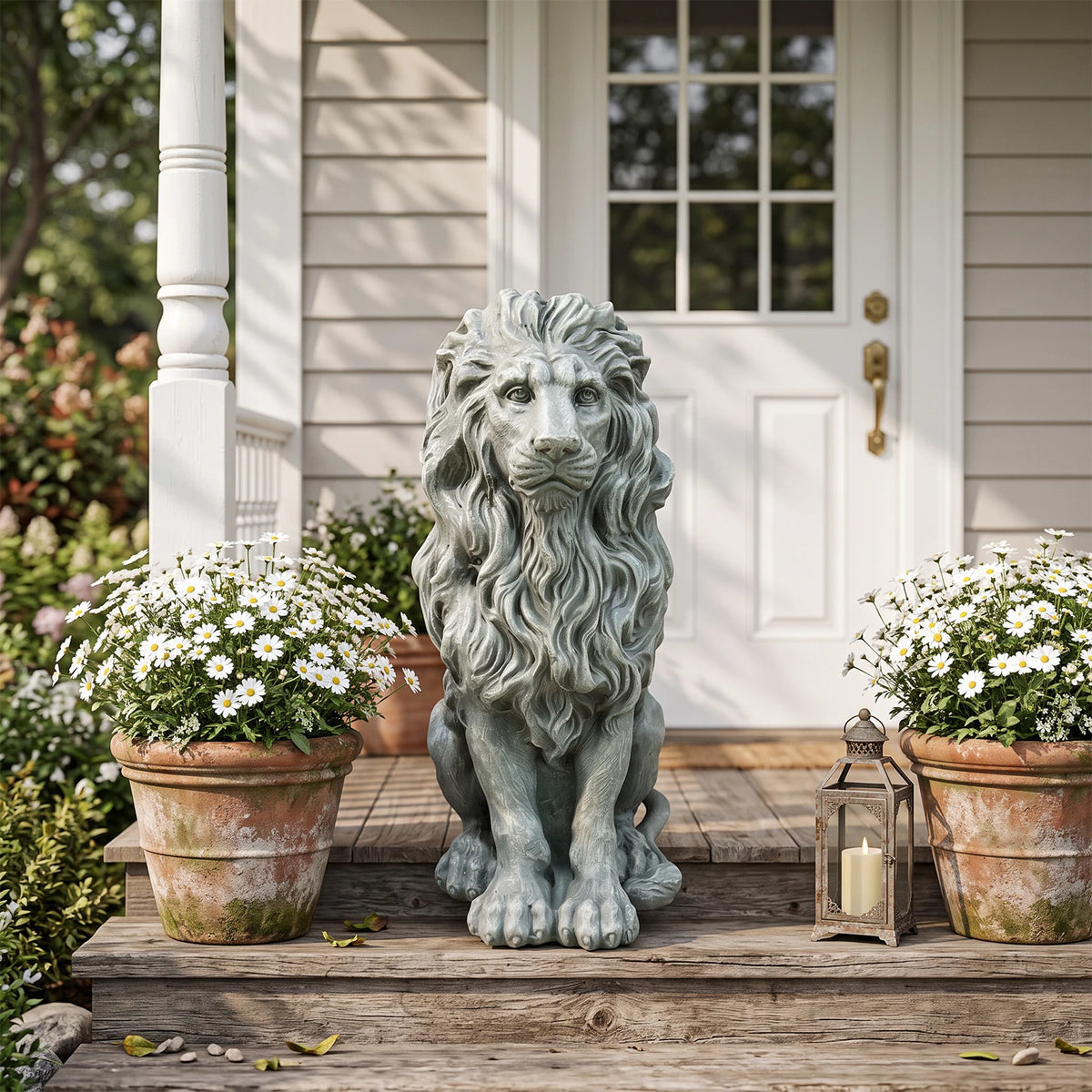 Outdoor Sitting Lion Statue Weatherproof Magnesium Oxide Garden Ornament
