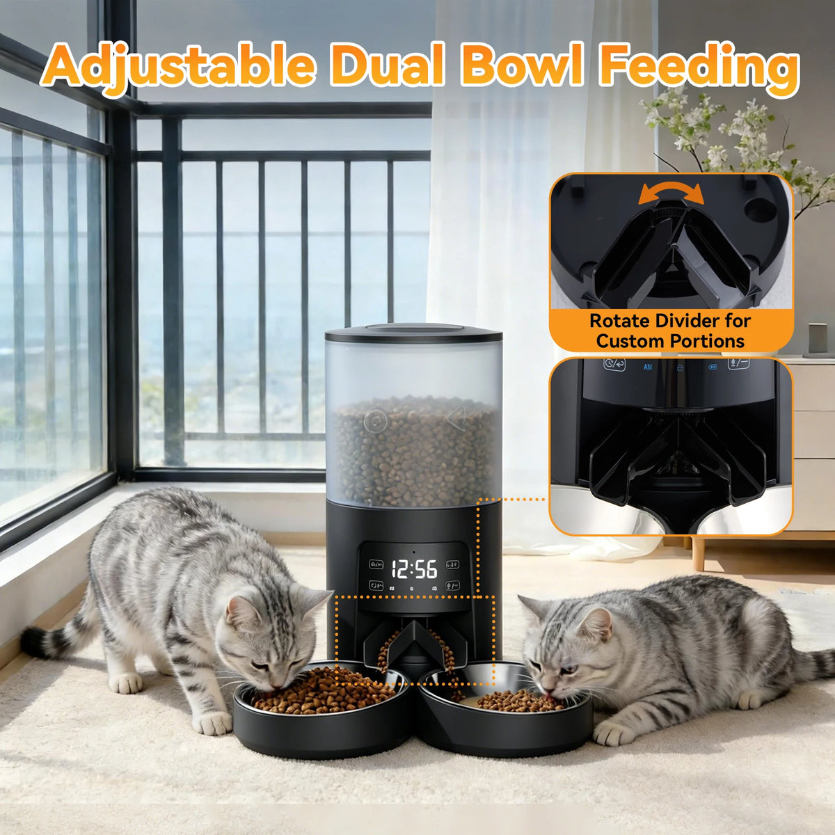 Automatic Cat Feeder Dual Stainless Steel Bowls Timed Dispenser