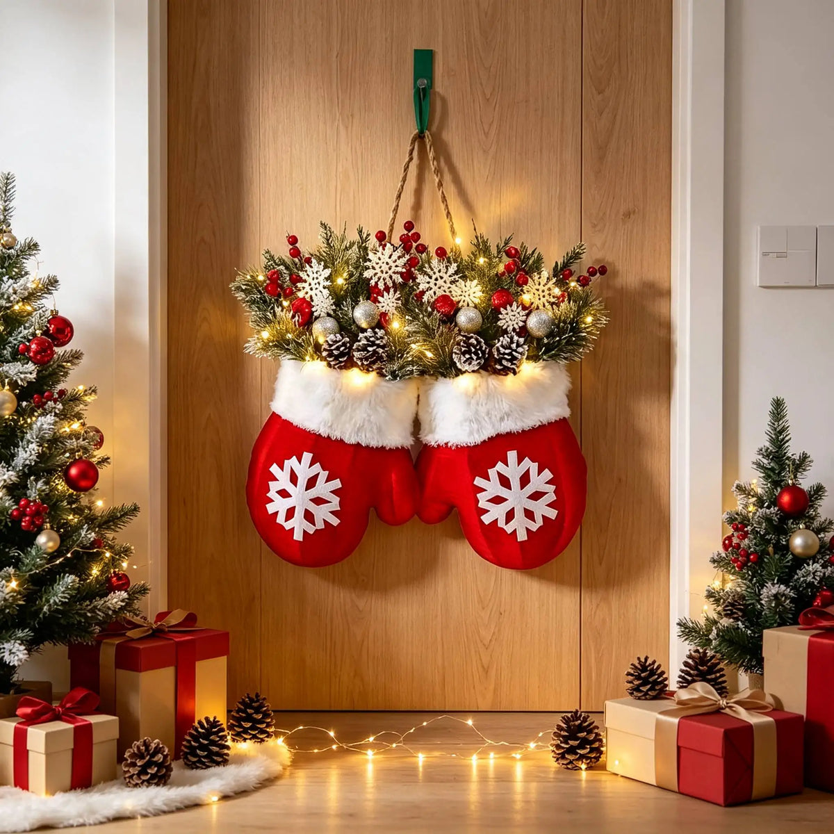 LED Twinkling Mitten Christmas Wreath with Artificial Pine and Berries