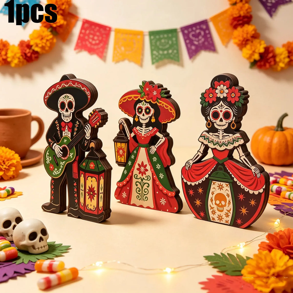 Decorative Wooden Day Of The Dead Sugar Skull Desktop Ornament