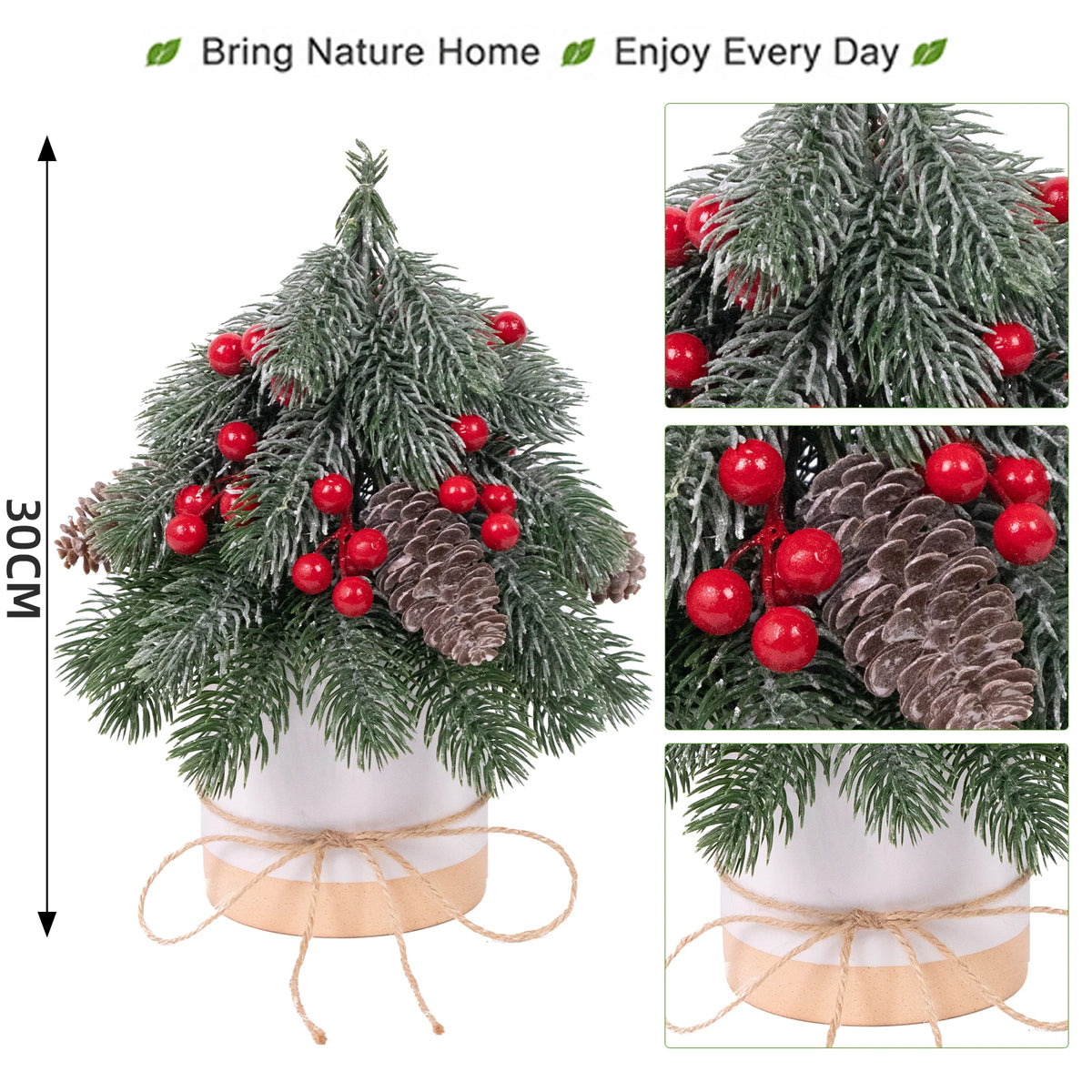Frosted Artificial Christmas Tree Tabletop Decor With Pine Cones Berries