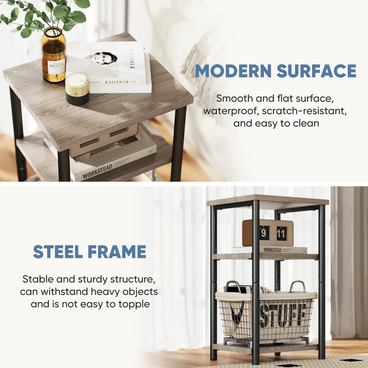 MCQ Wooden Three Tier Coffee Table With Storage Shelf With Adjustable Feet