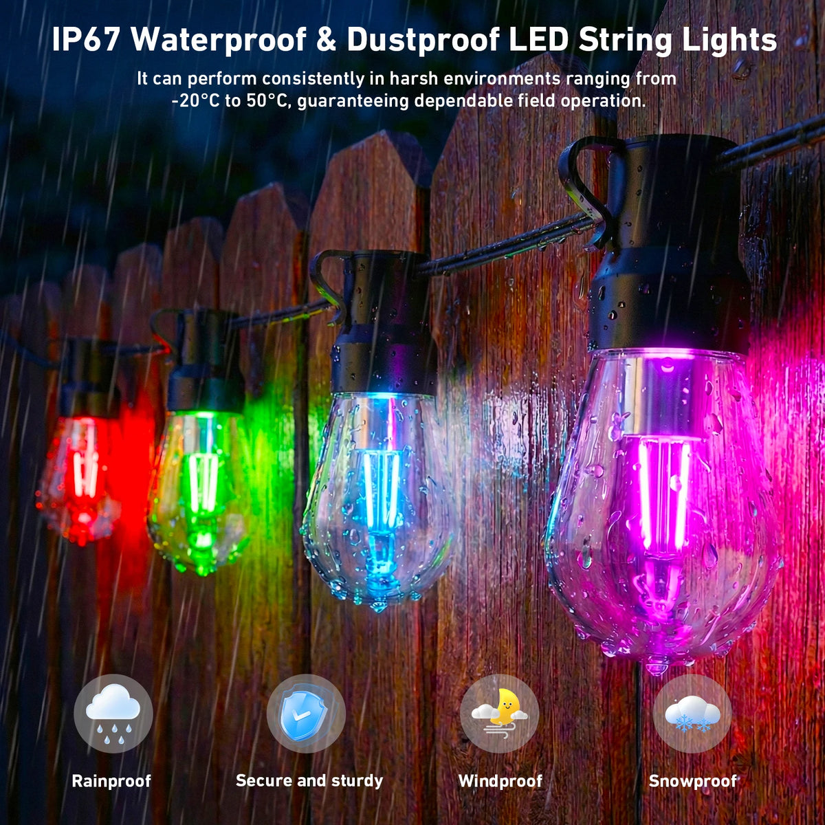 Weather Resistant Outdoor LED String Lights With App Control