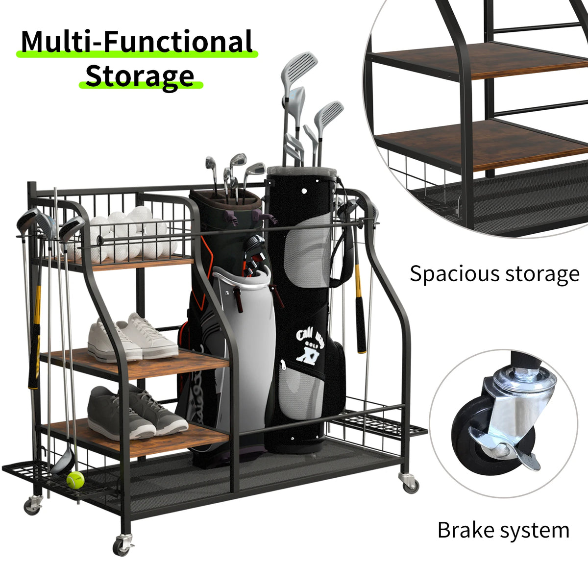 Metal Multifunctional Rolling Golf Bag Storage Rack With Wheels
