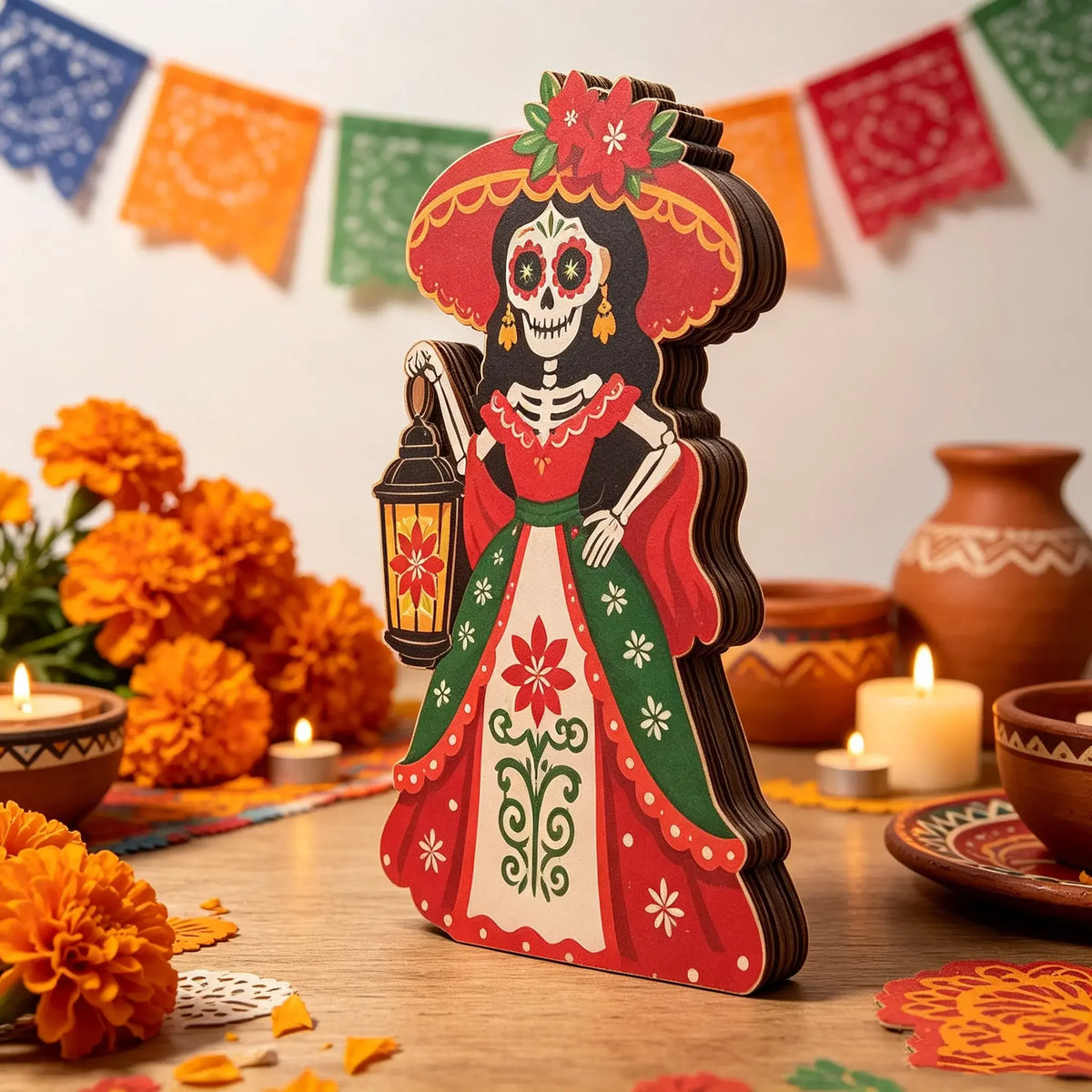 Decorative Wooden Day Of The Dead Sugar Skull Desktop Ornament