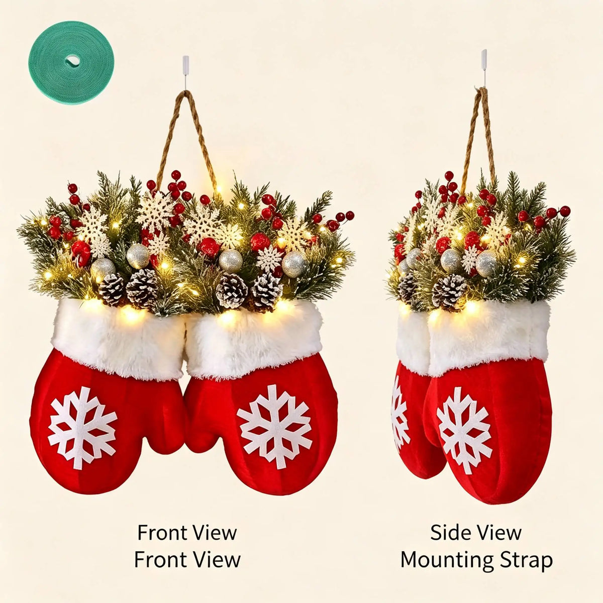 LED Twinkling Mitten Christmas Wreath with Artificial Pine and Berries