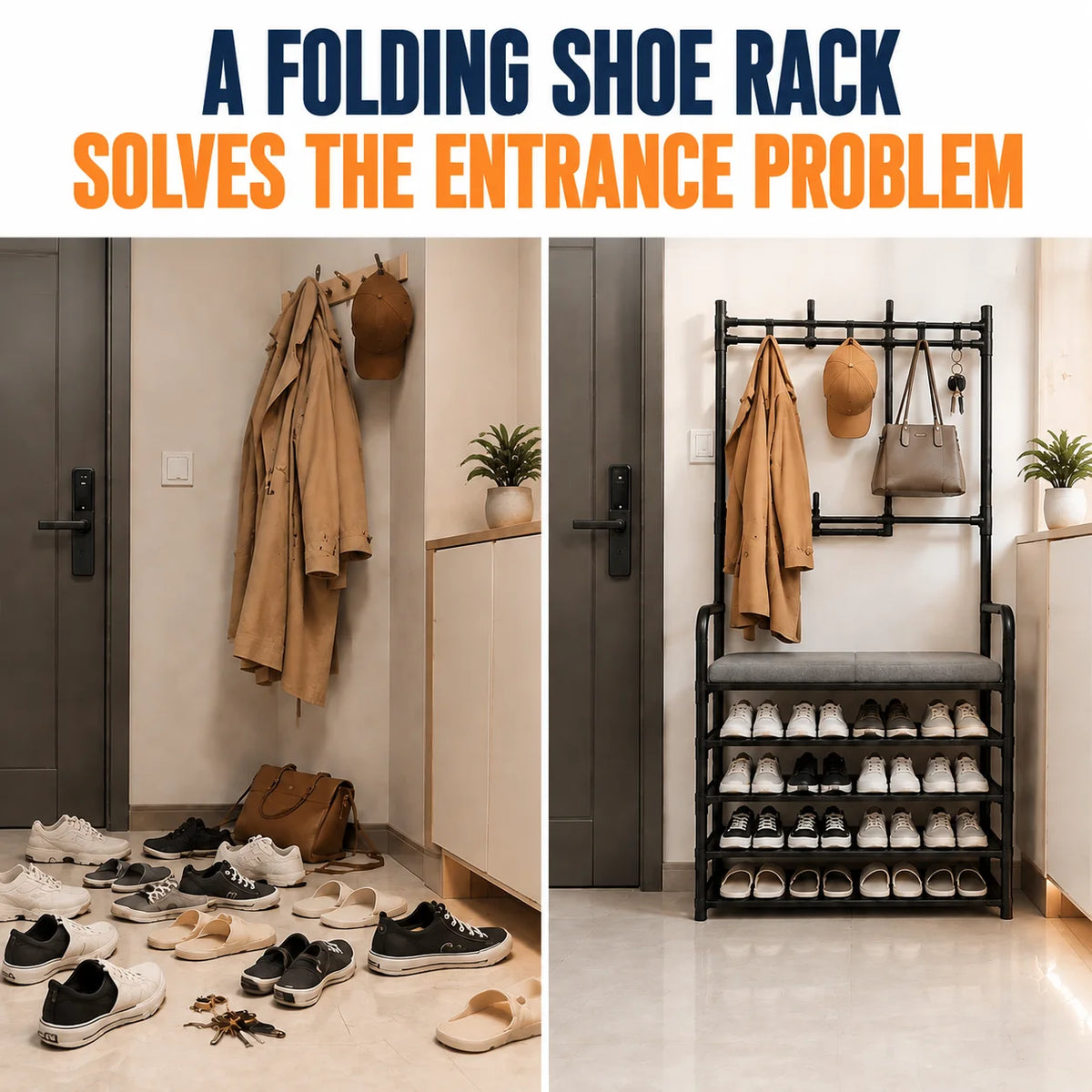 Folding Entryway Shoe Rack With Coat Hooks And Storage Bench Organizer