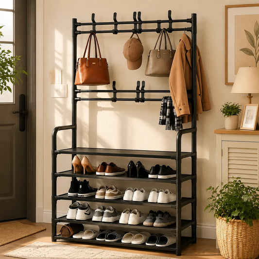 Folding Entryway Shoe Rack With Coat Hooks And Storage Bench Organizer