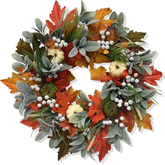 Autumn Wreath With Maple Leaves And Pumpkin Decor For Front Door