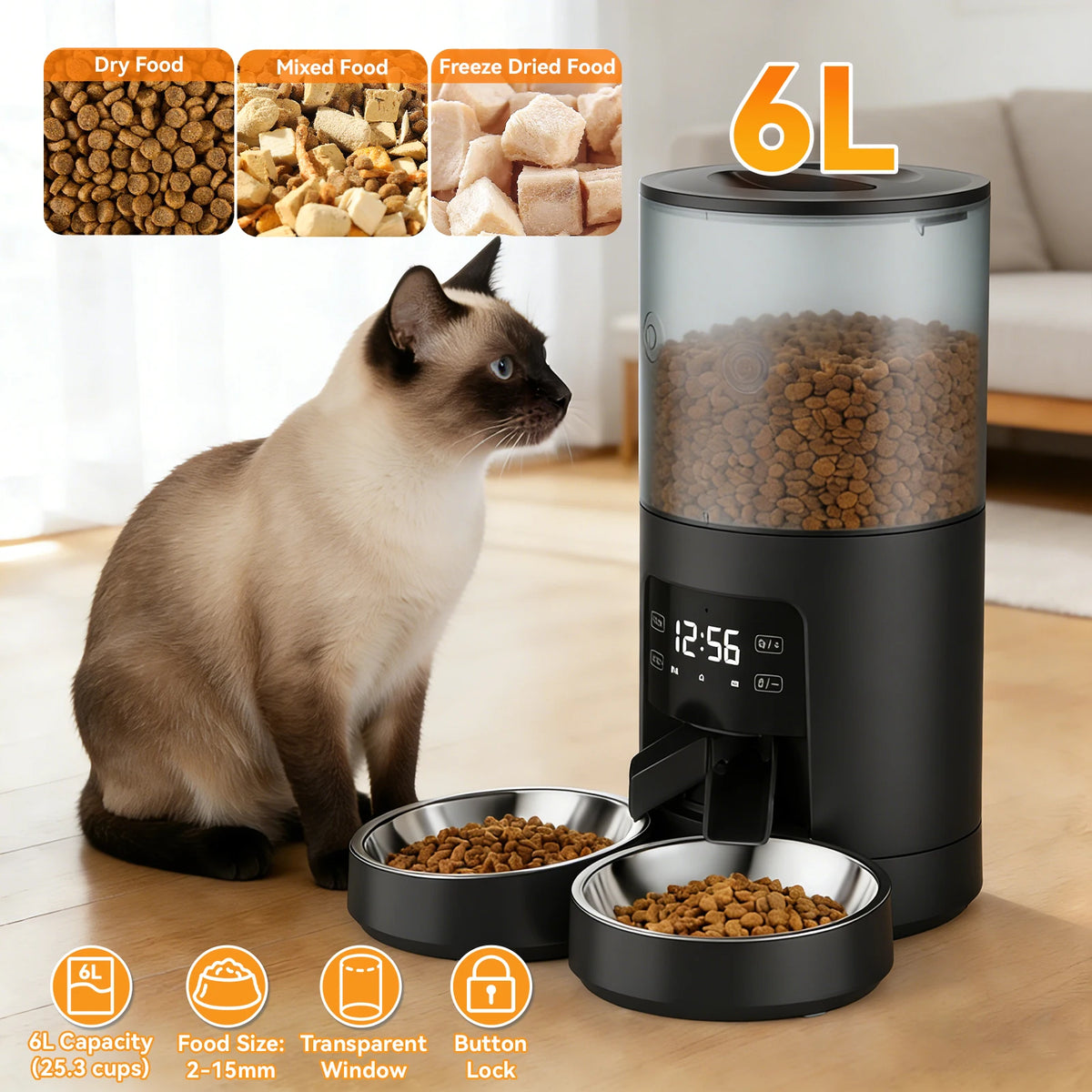 Automatic Cat Feeder Dual Stainless Steel Bowls Timed Dispenser