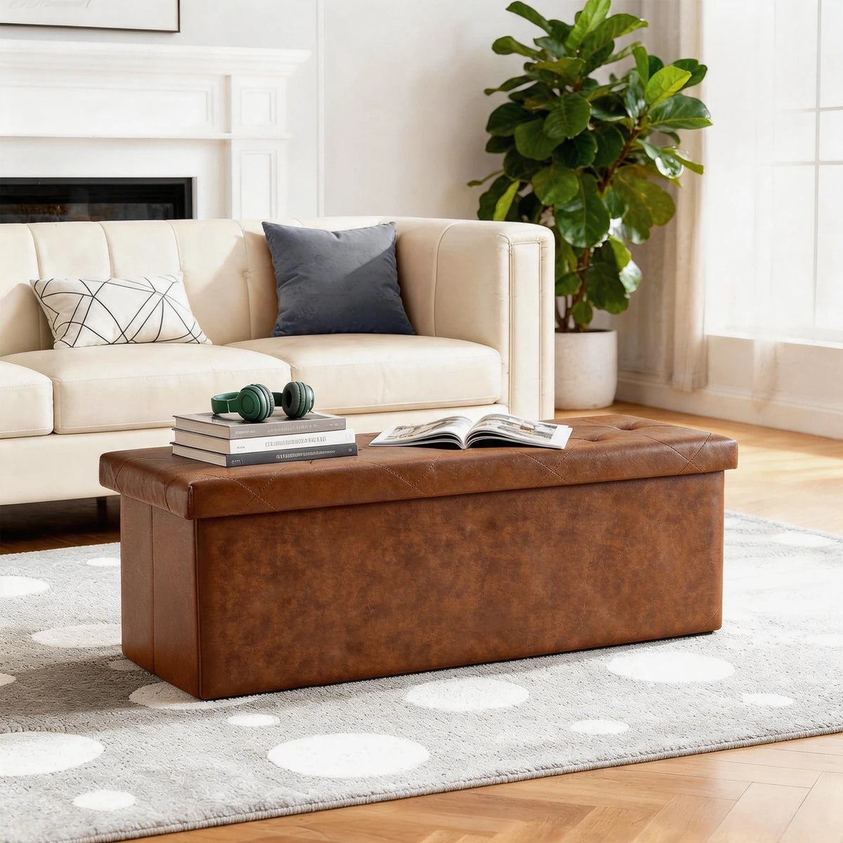 SARENZOON Tufted Faux Leather Folding Storage Ottoman Bench