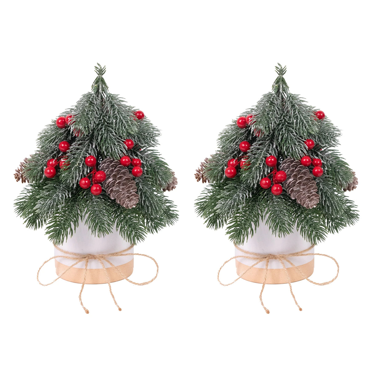 Frosted Artificial Christmas Tree Tabletop Decor With Pine Cones Berries