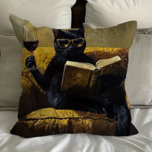 Soft Polyester Cat With Wine Book Design Throw Pillow Cover