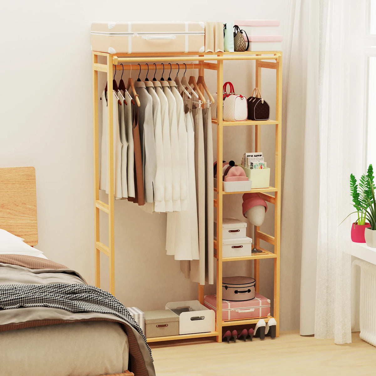 Bamboo Wardrobe Closet Stand With Storage Shelves For Clothes