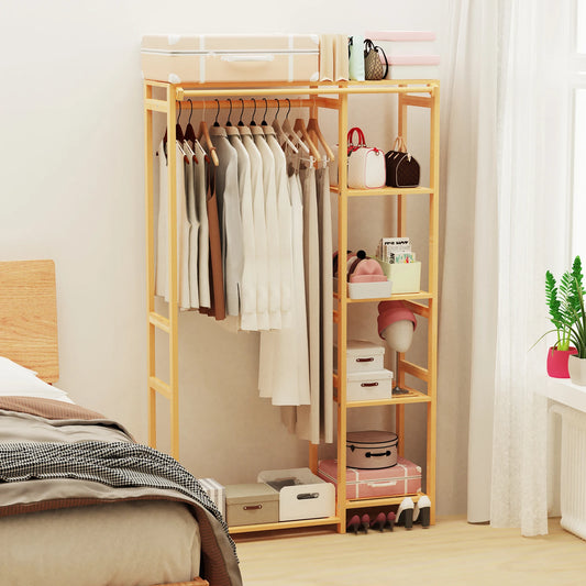 Bamboo Wardrobe Closet Stand With Storage Shelves For Clothes