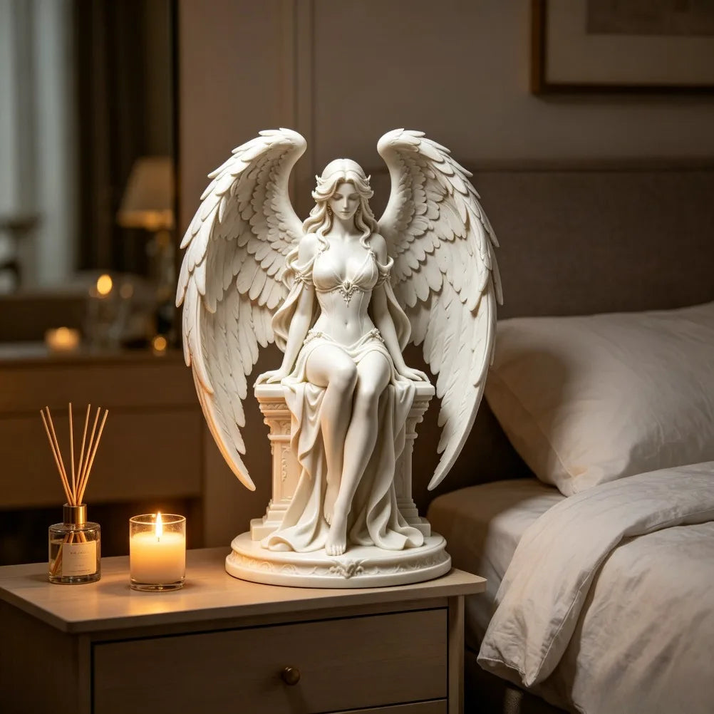 Elegant Resin Angel Sculpture Featuring Layered Feather Wings Decor