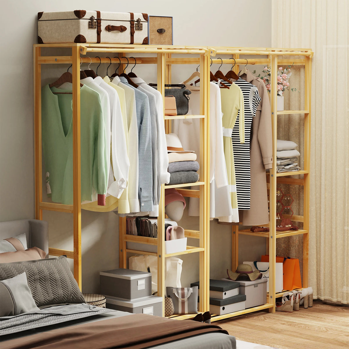 6 Tier Bamboo Garment Rack Open Wardrobe Storage Shelves