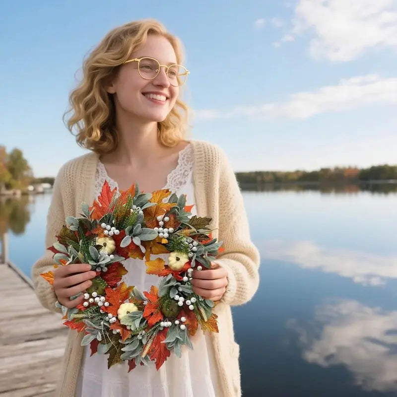 Autumn Wreath With Maple Leaves And Pumpkin Decor For Front Door