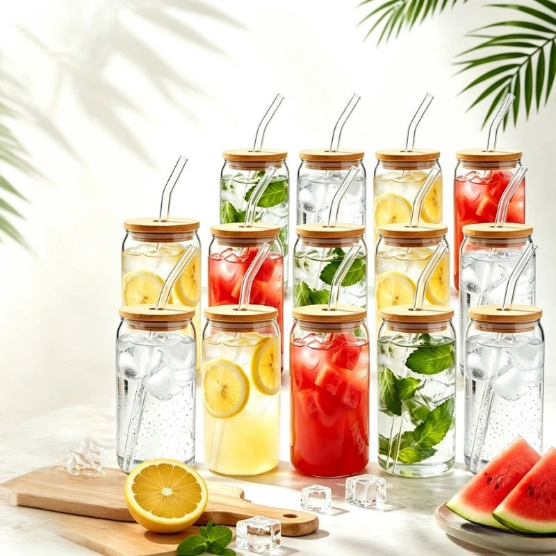 Glass Iced Coffee Cups With Bamboo Lids And Glass Straws
