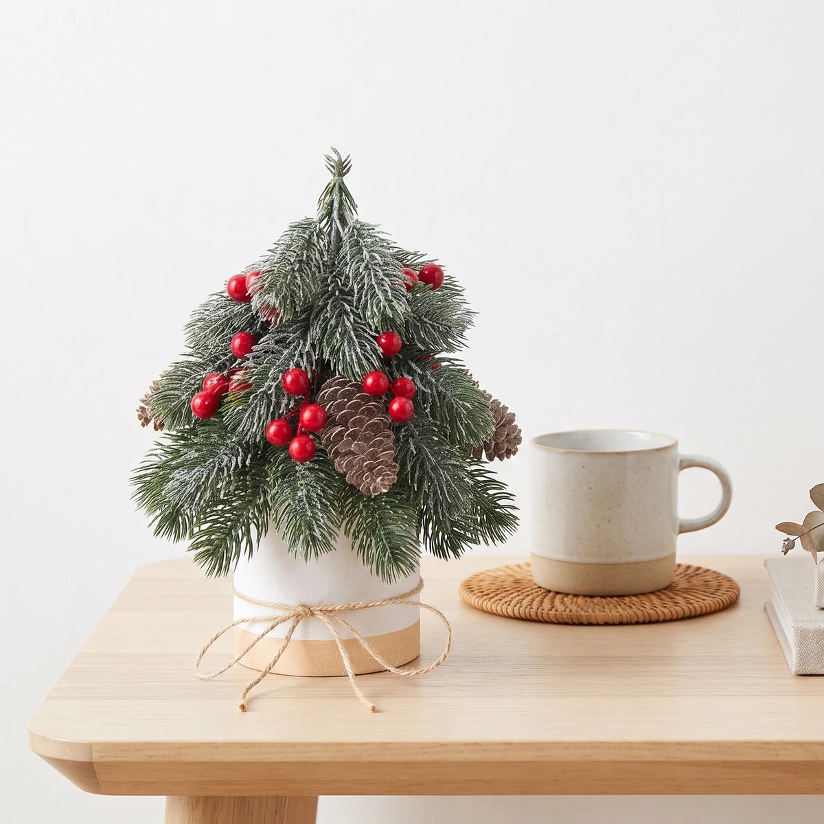 Frosted Artificial Christmas Tree Tabletop Decor With Pine Cones Berries