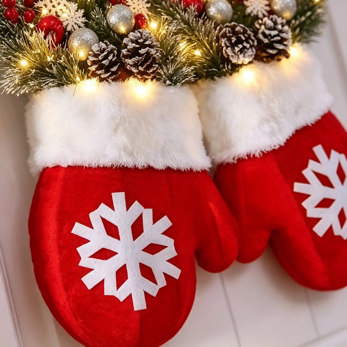 LED Twinkling Mitten Christmas Wreath with Artificial Pine and Berries