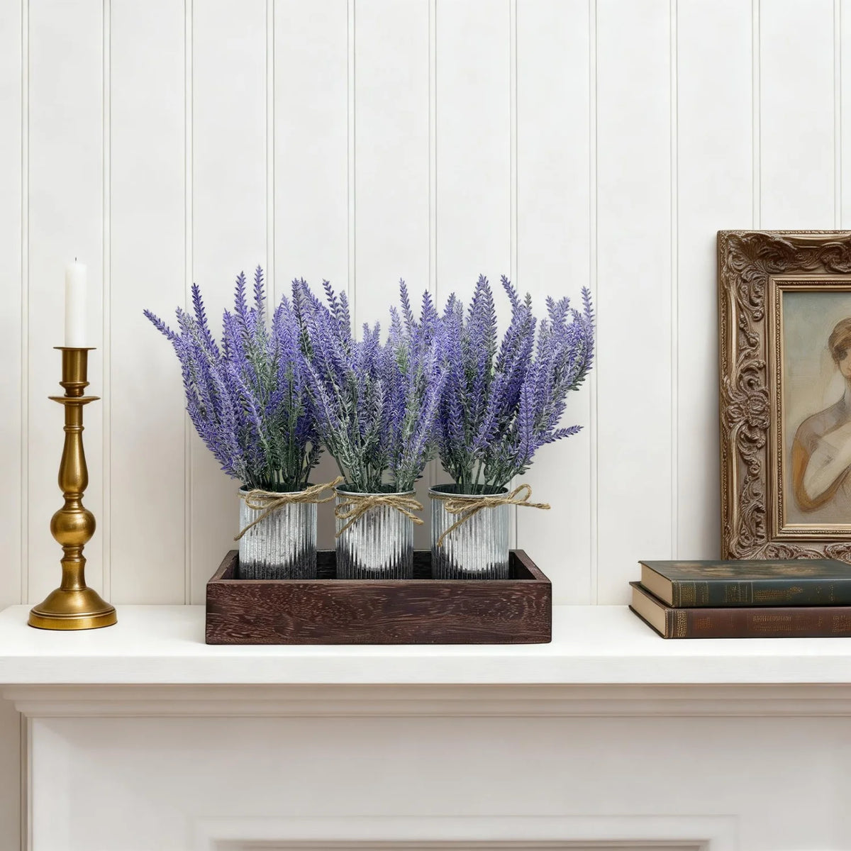 HiMISS Faux Lavender Centerpiece With Wooden Tray And Pot